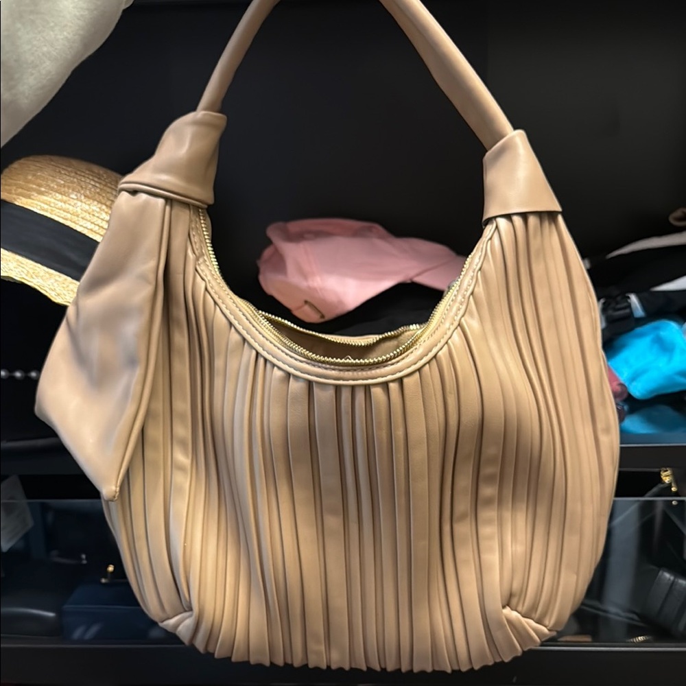 Tan Hobo Bag with Pleated Design and Slouchy Silhouette